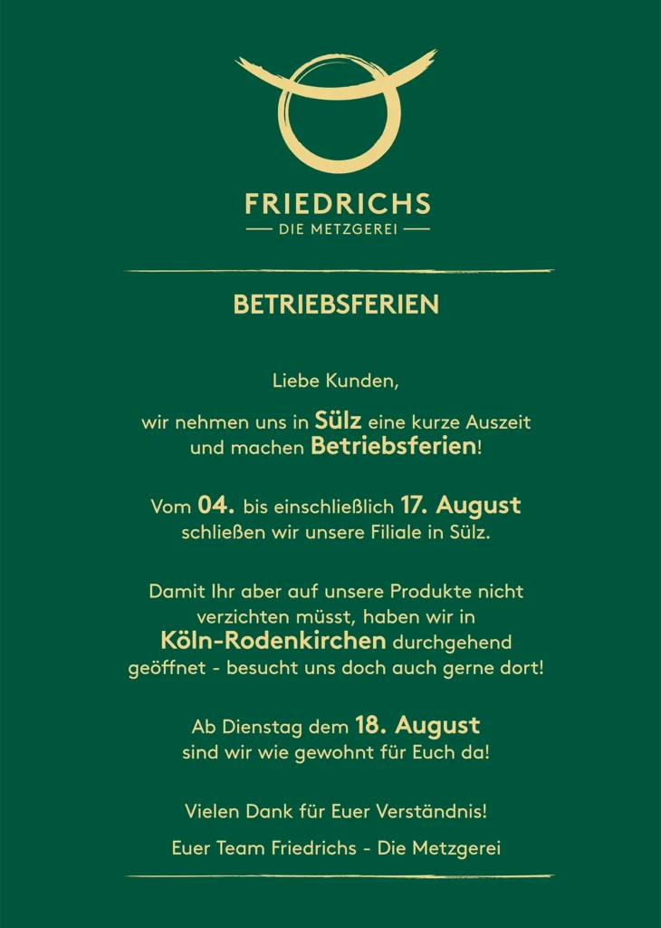 Betriebsferienankündigung vom 04. bis 17.8.
